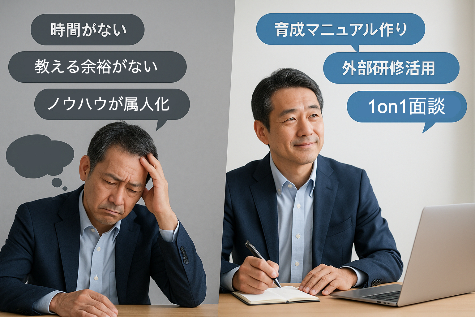 日本人の中年男性経営者が、オフィスの一角でKPIに関する課題と改善策を思案している様子。画面には“時間がない”“ノウハウが属人化”などの吹き出しがあり、右側には“育成マニュアル”や“1on1面談”など前向きな工夫のキーワードが表示されている。
