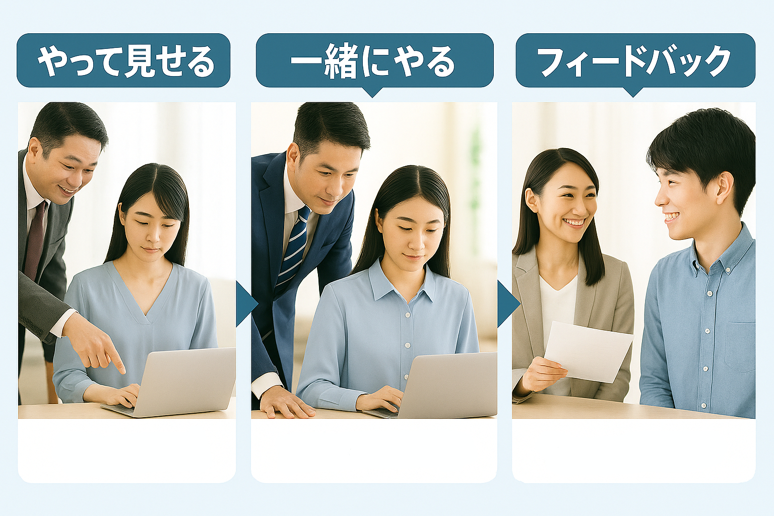 若手社員と日本人男性の先輩社員がオフィスで並んで座り、パソコン画面を見ながら実務を通じて仕事を教えているOJTの様子。