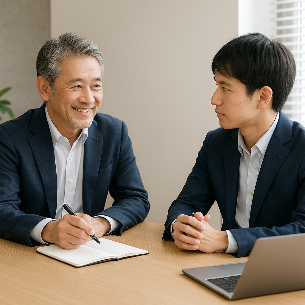 「中年の日本人男性経営者が若手社員と向かい合って座り、落ち着いたオフィス空間でノートパソコンを見ながら対話している様子。メンタリングやコーチングの導入場面をイメージしたシーン。」