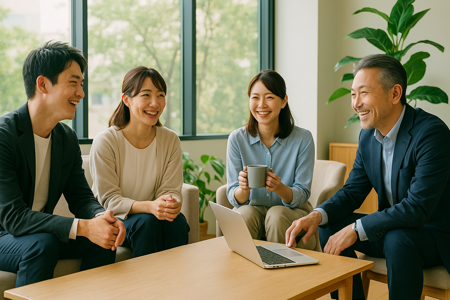 自然光の差し込む明るいオフィスラウンジで、日本人のビジネスパーソン4人がリラックスした雰囲気で会話をしている様子。ナチュラルな木目テーブルと観葉植物に囲まれた空間が、職場のウェルビーイングを象徴している。