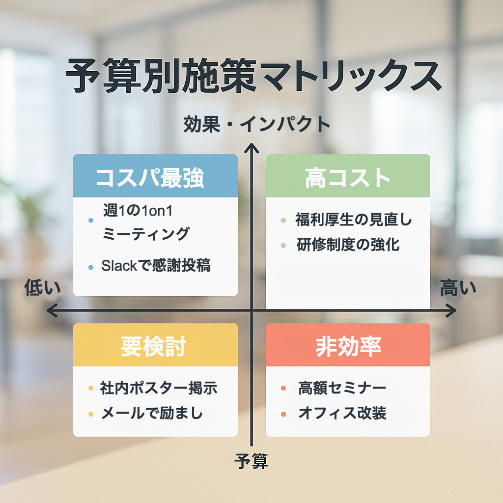 予算の大小と施策の効果を4象限で整理した予算別施策マトリックス。縦軸に“効果の高低”、横軸に“コストの大小”があり、各象限に施策例と評価コメントが色分けされて配置されている。背景はオフィス風のぼかし写真。