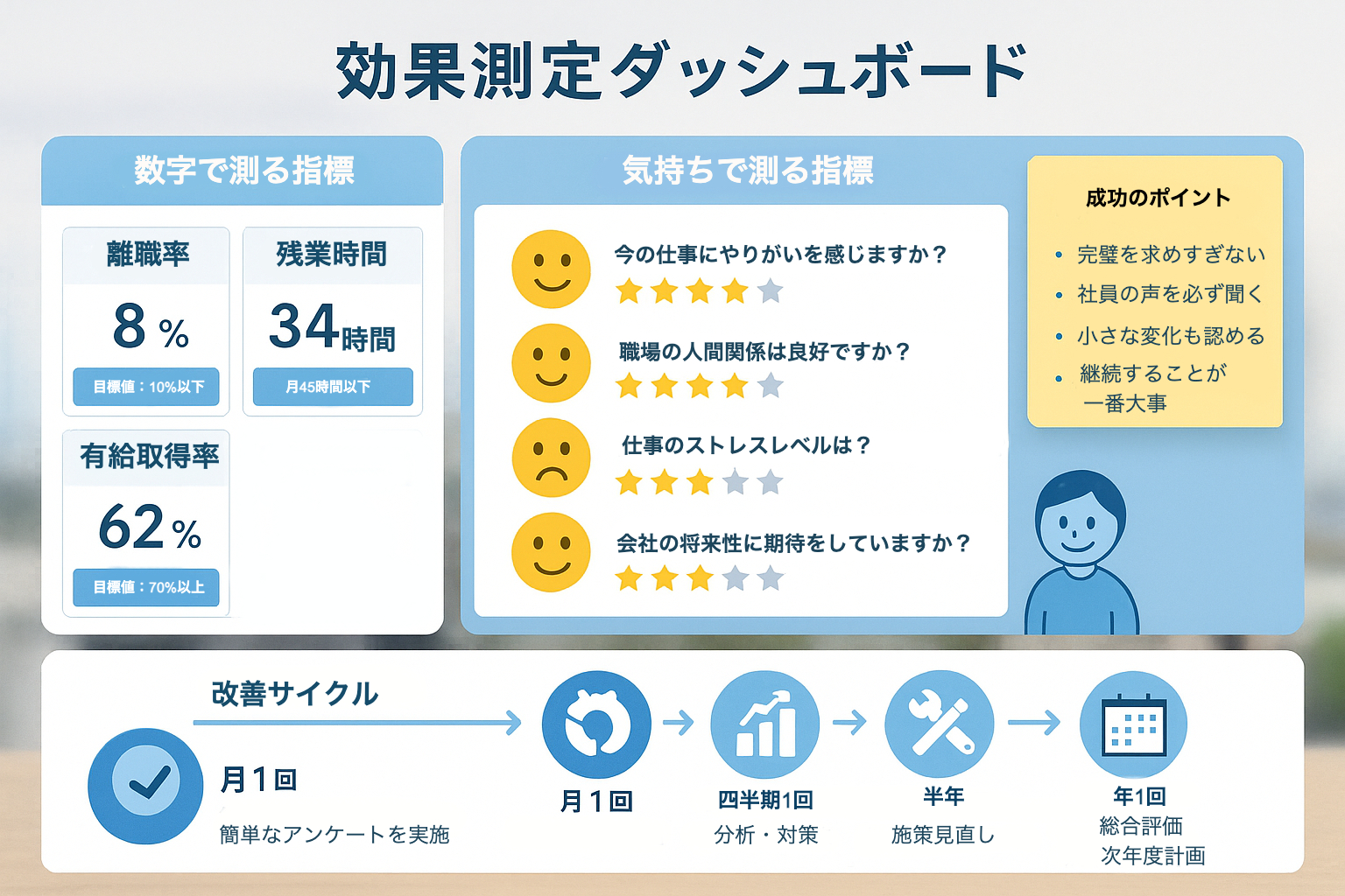 従業員の状態を数値とアンケートで可視化した効果測定ダッシュボード。離職率や残業時間、有給取得率などの数値指標と、仕事のやりがいや人間関係などの5段階評価が表示されており、改善サイクルと成功のポイントも図解されている。