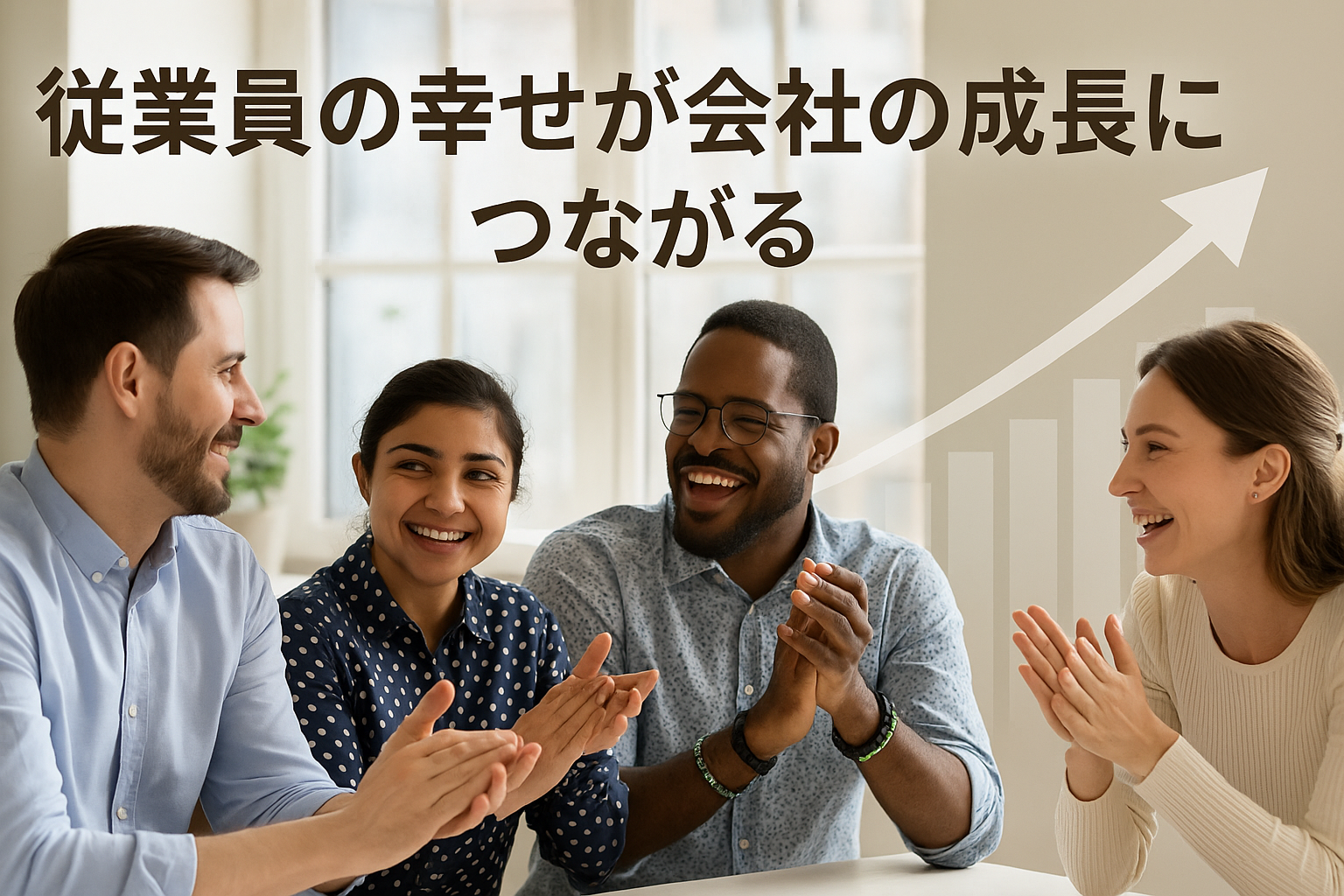 自然光が差し込む明るいオフィスで、4人の社員が笑顔で会話しながら拍手している。背景には透明な上向きの矢印とグラフが重なり、会社の成長を表現している。