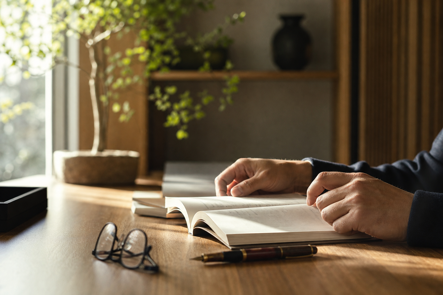 木のデスクで開かれた書籍に向き合う手元と万年筆・眼鏡