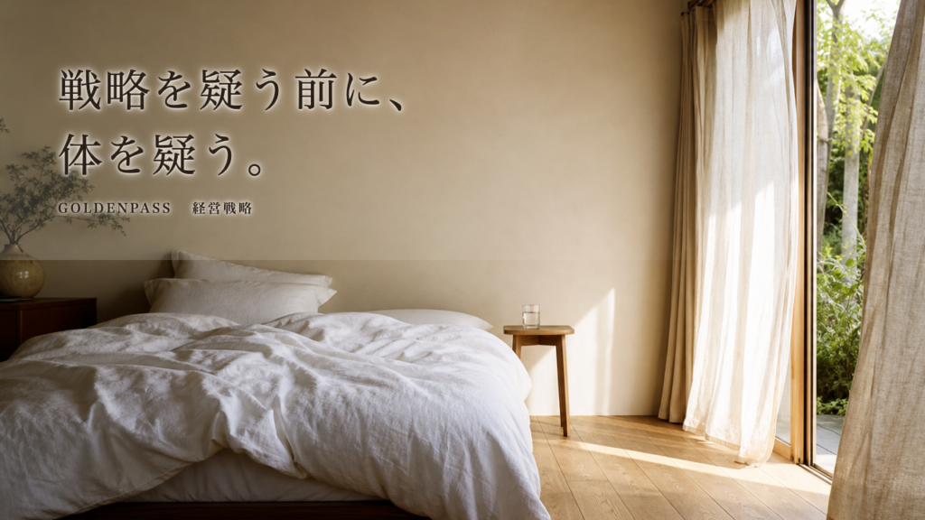 朝の光が差す静かな寝室。白い寝具のベッドと窓辺の揺れるカーテン。「戦略を疑う前に、体を疑う。」の見出しを重ねた記事のアイキャッチ