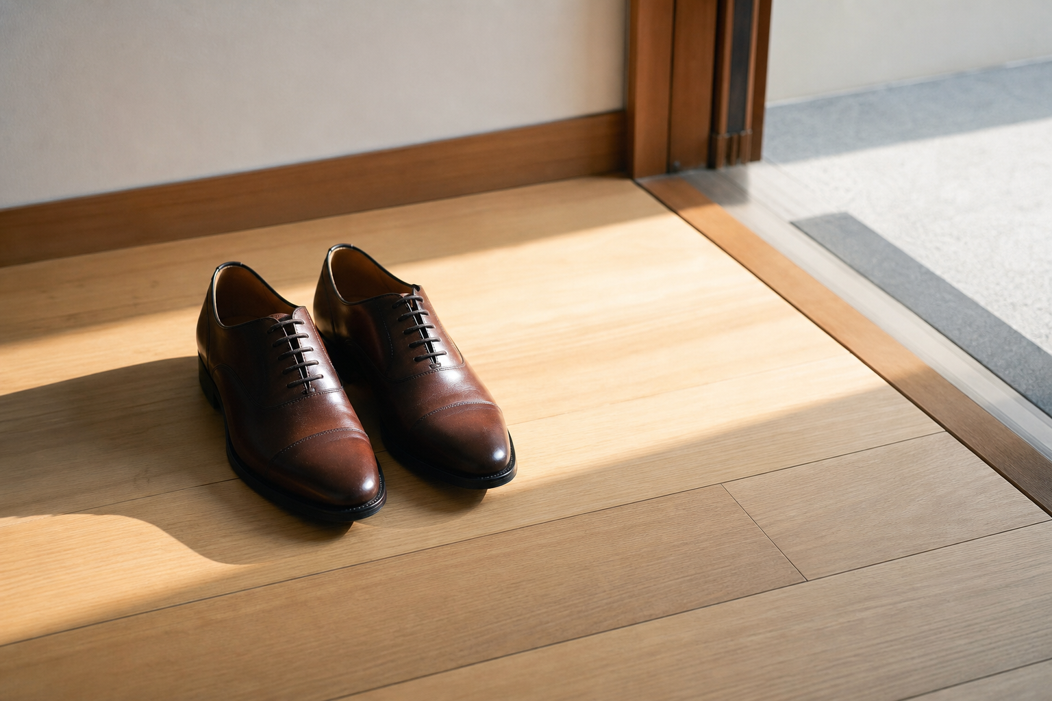 朝の光が差す玄関の床に、きちんと揃えて置かれた一足の革靴