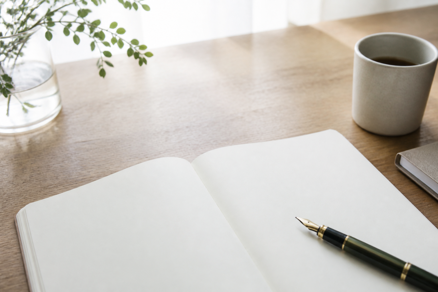 木の机に開かれた無地のノートと万年筆。問いを書き出す静かな時間